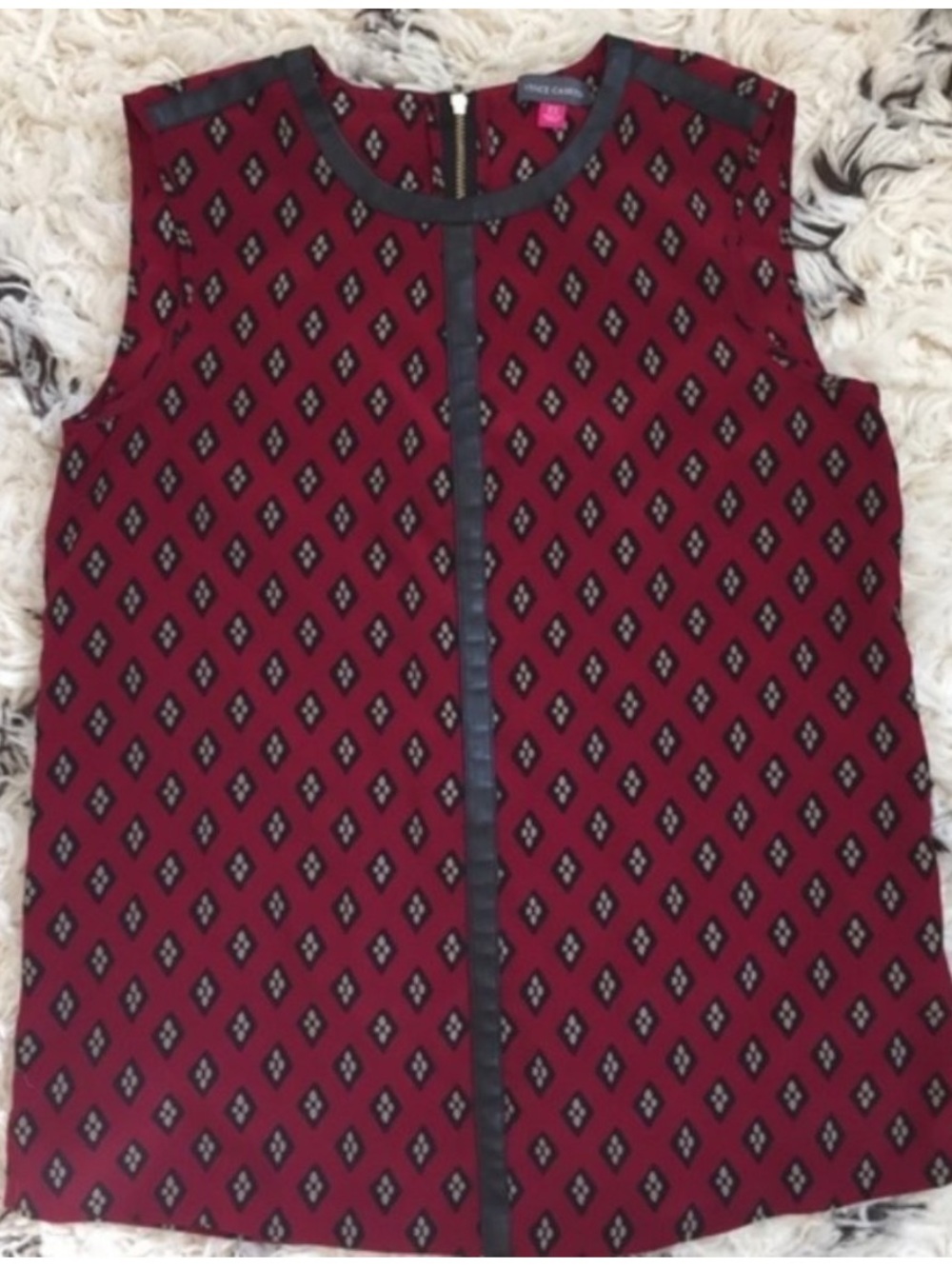 Vince Camuto Sleeveless Top with Faux Leather Trim Diamond Motif XS